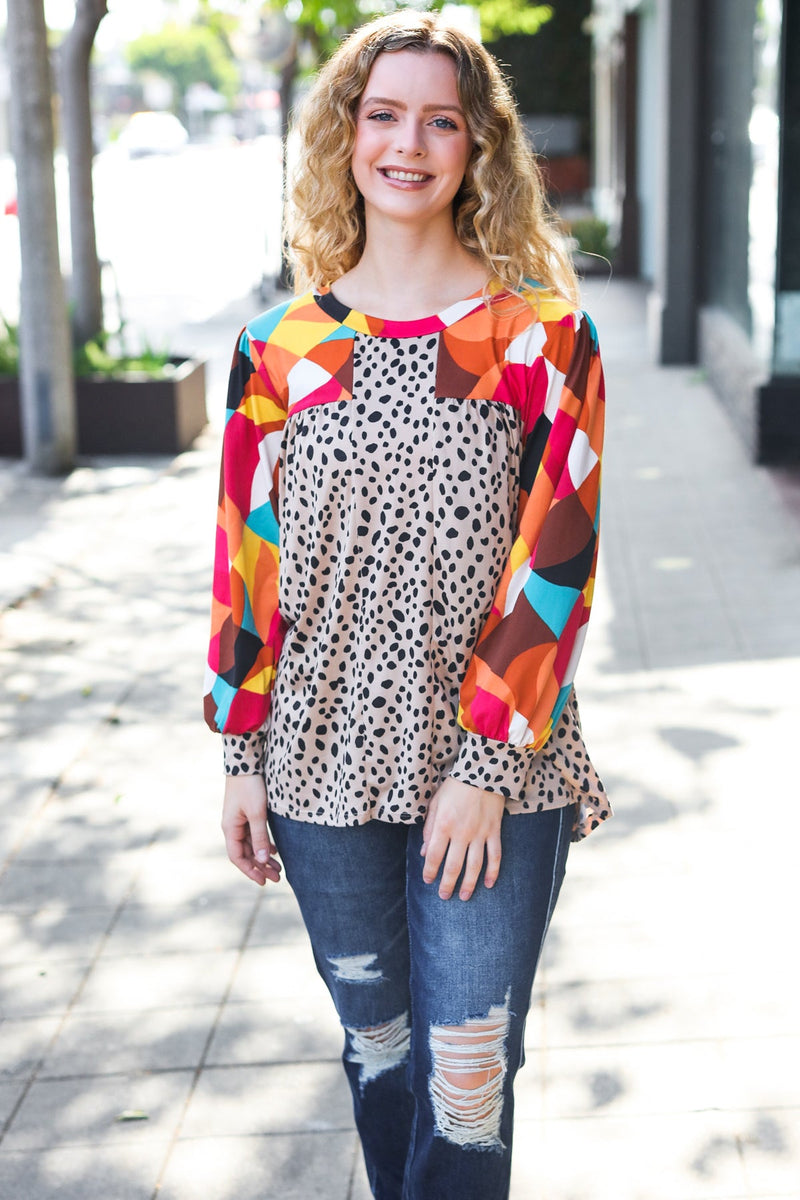 Rust & Khaki Geometric Animal Print Color Block Bubble Sleeve Top