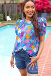 All For You Aqua Tropical Print Frill Notch Neck Puff Sleeve Top