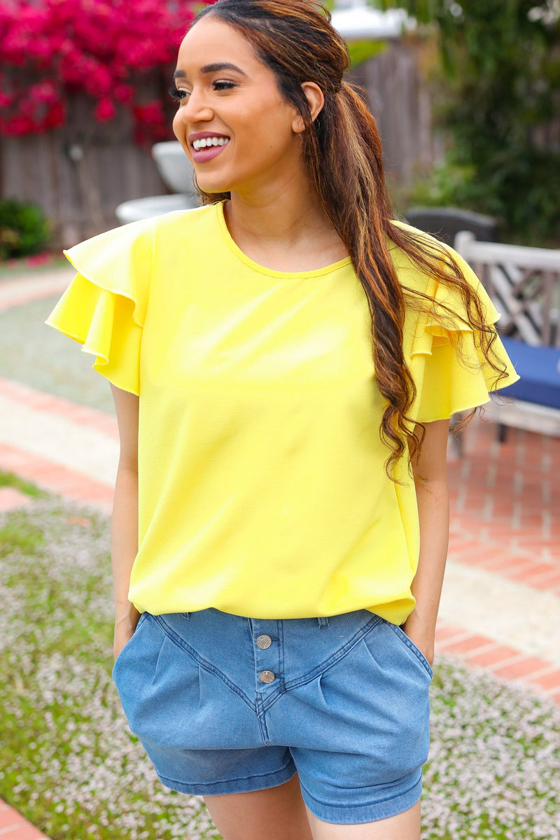 Lovely In Yellow Tiered Double Ruffle Sleeve Woven Top