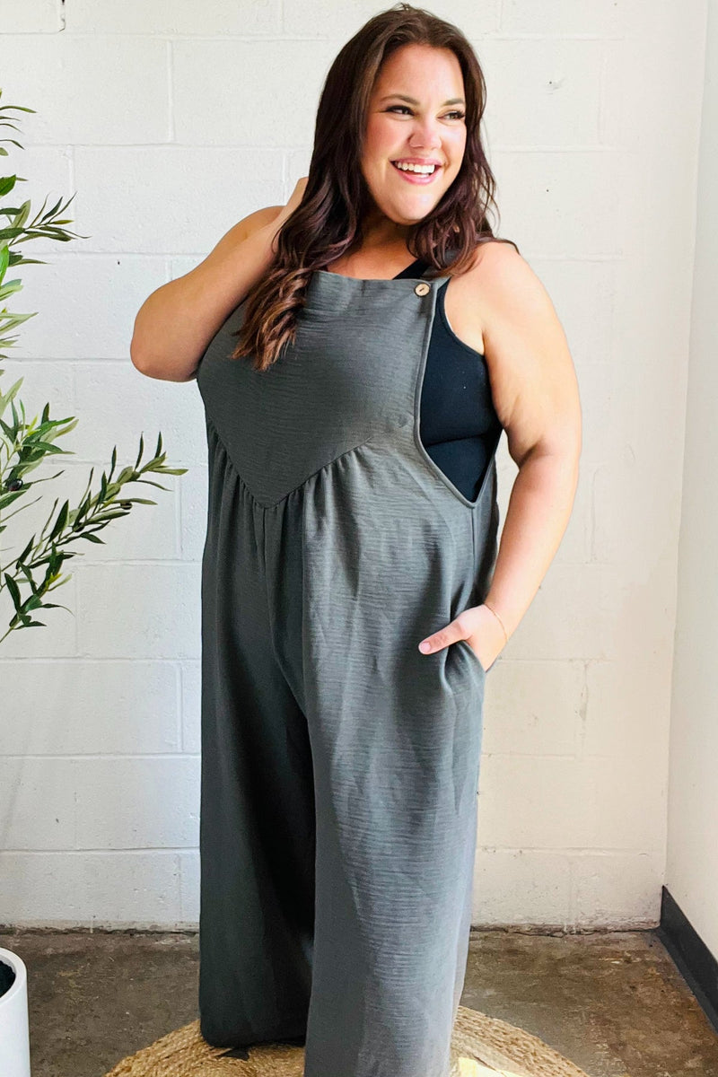 Everyday Grey Olive Wide Leg Suspender Overall Jumpsuit