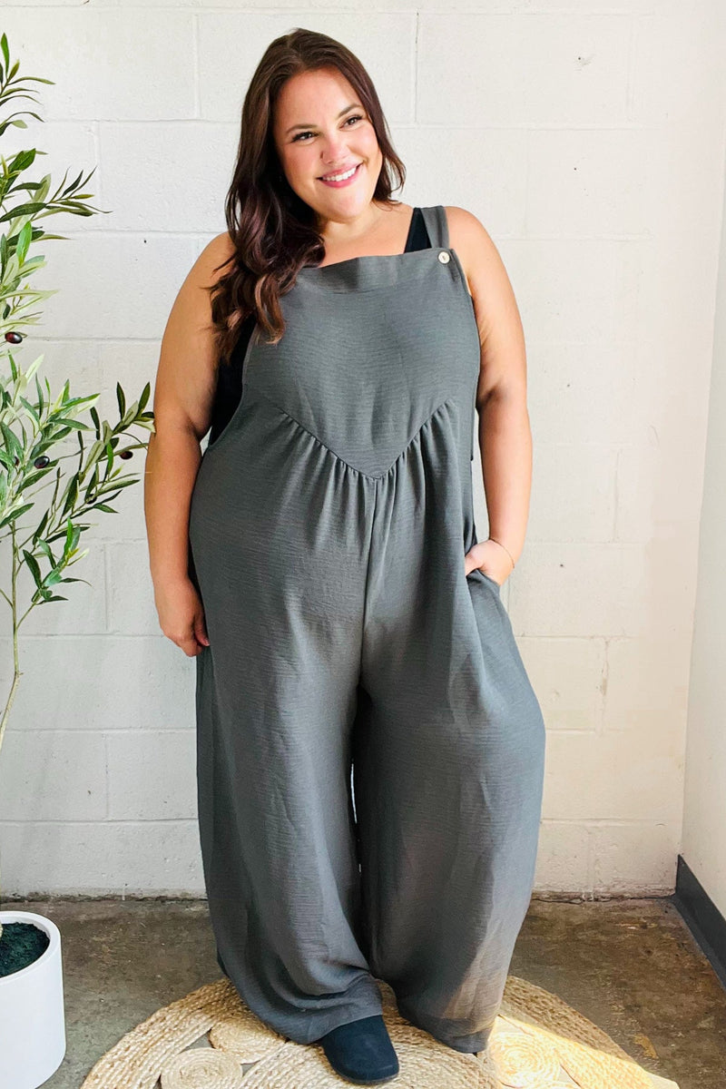 Everyday Grey Olive Wide Leg Suspender Overall Jumpsuit