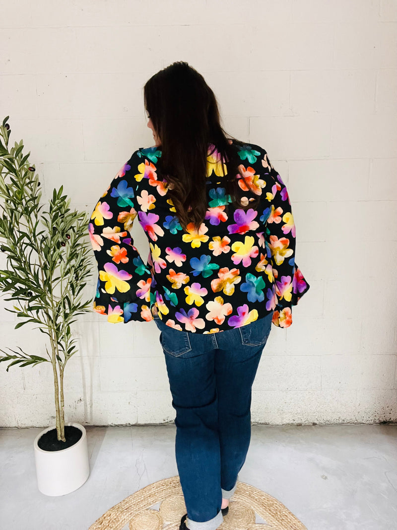 Be Bold Black Floral Hi-Lo Ruffle Sleeve Woven Top